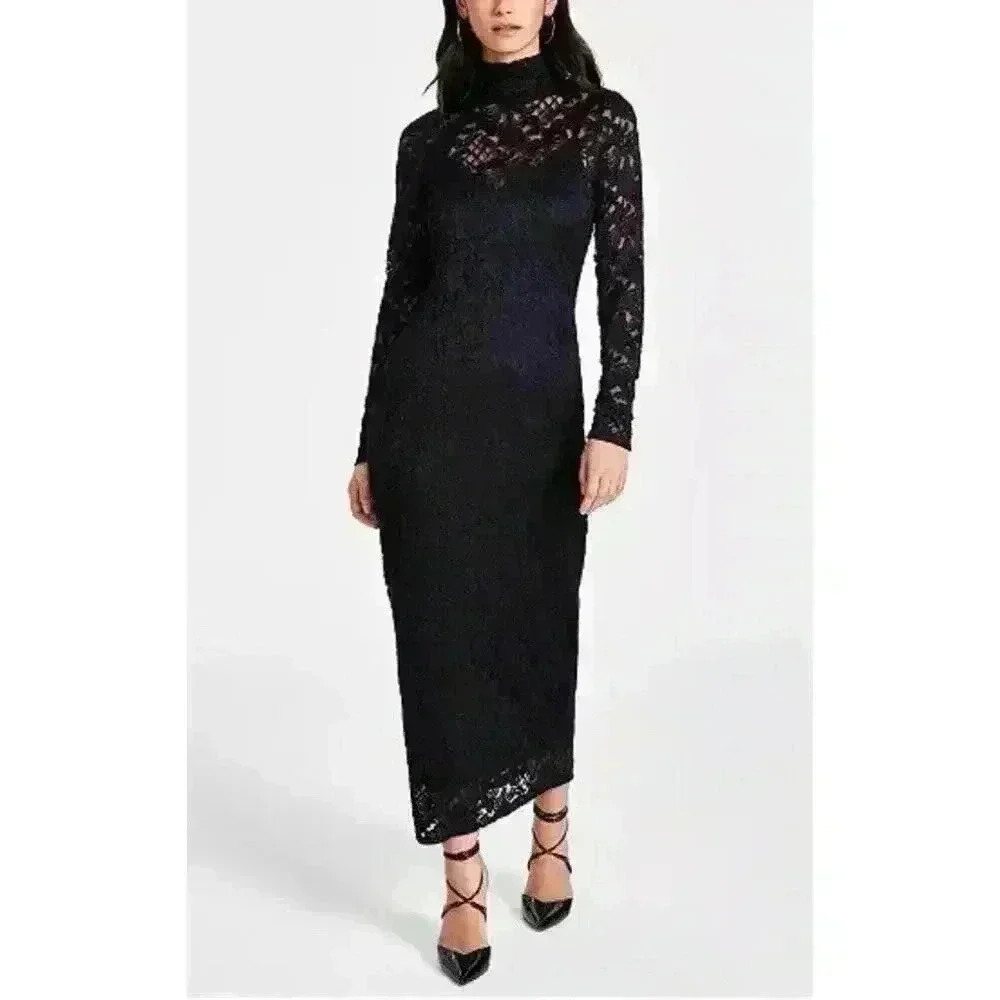 Bar III Women‎ Lace Bodycon Dress Long Sleeves Deep Black Size XS